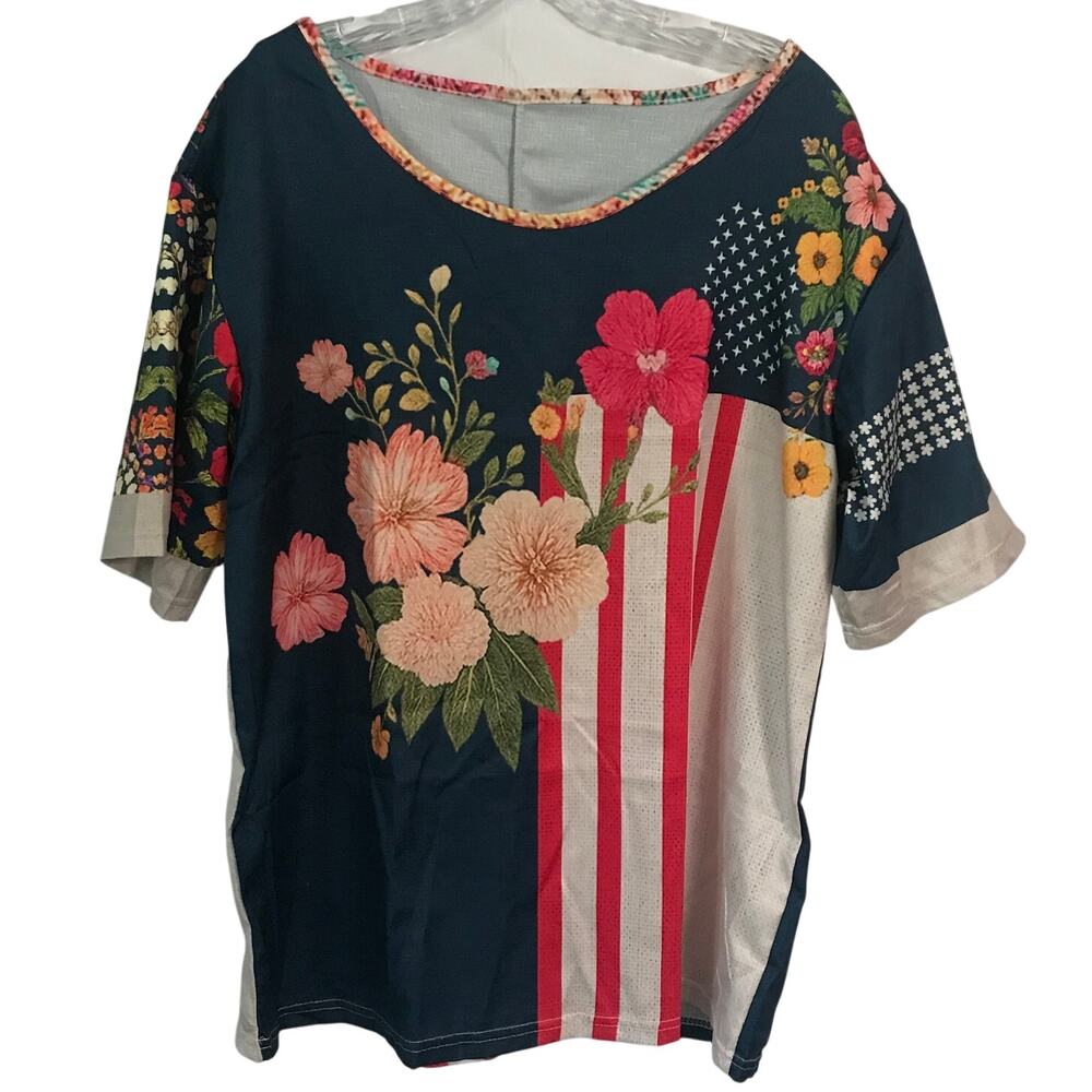 Patriotic Unbranded Blouse Size Large Short Sleeve Womens Floral Colorful Artsy